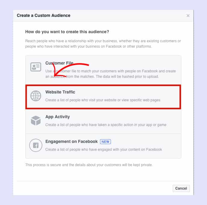 create a custom audience from facebook, choose website traffic