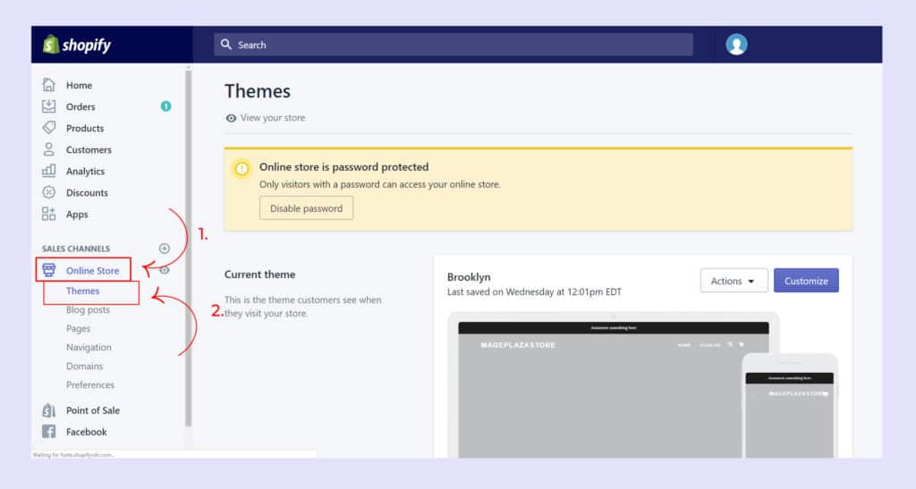 sign in shopify, shopify admin panel, click online store and themes