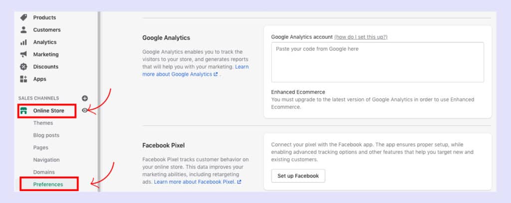 shopify admin panel, choose online store, click preferences