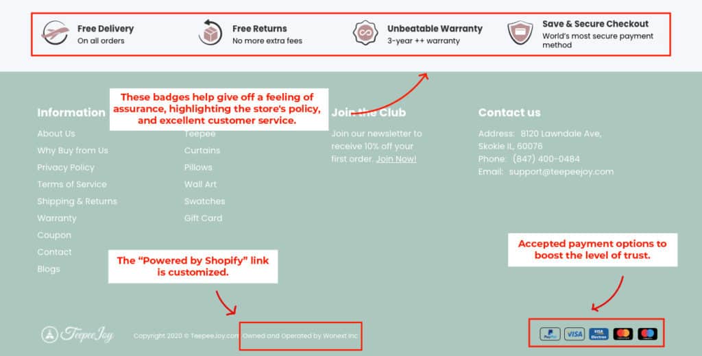 teepee joy shopify store, sucessful shopify store using ecomsolid theme, remove powered by shopify, adding trust badges in shopify store footer