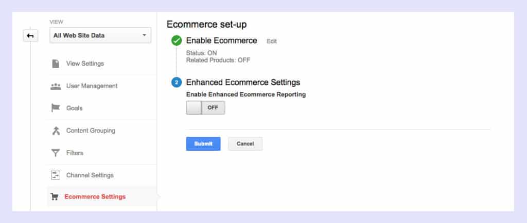 ecommerce settings google analytics to shopify