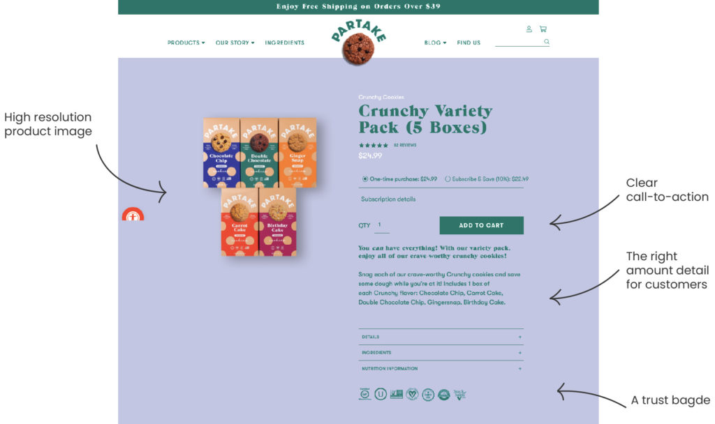 partake foods, shopify product page example, tips to customize product page, customize shopify theme